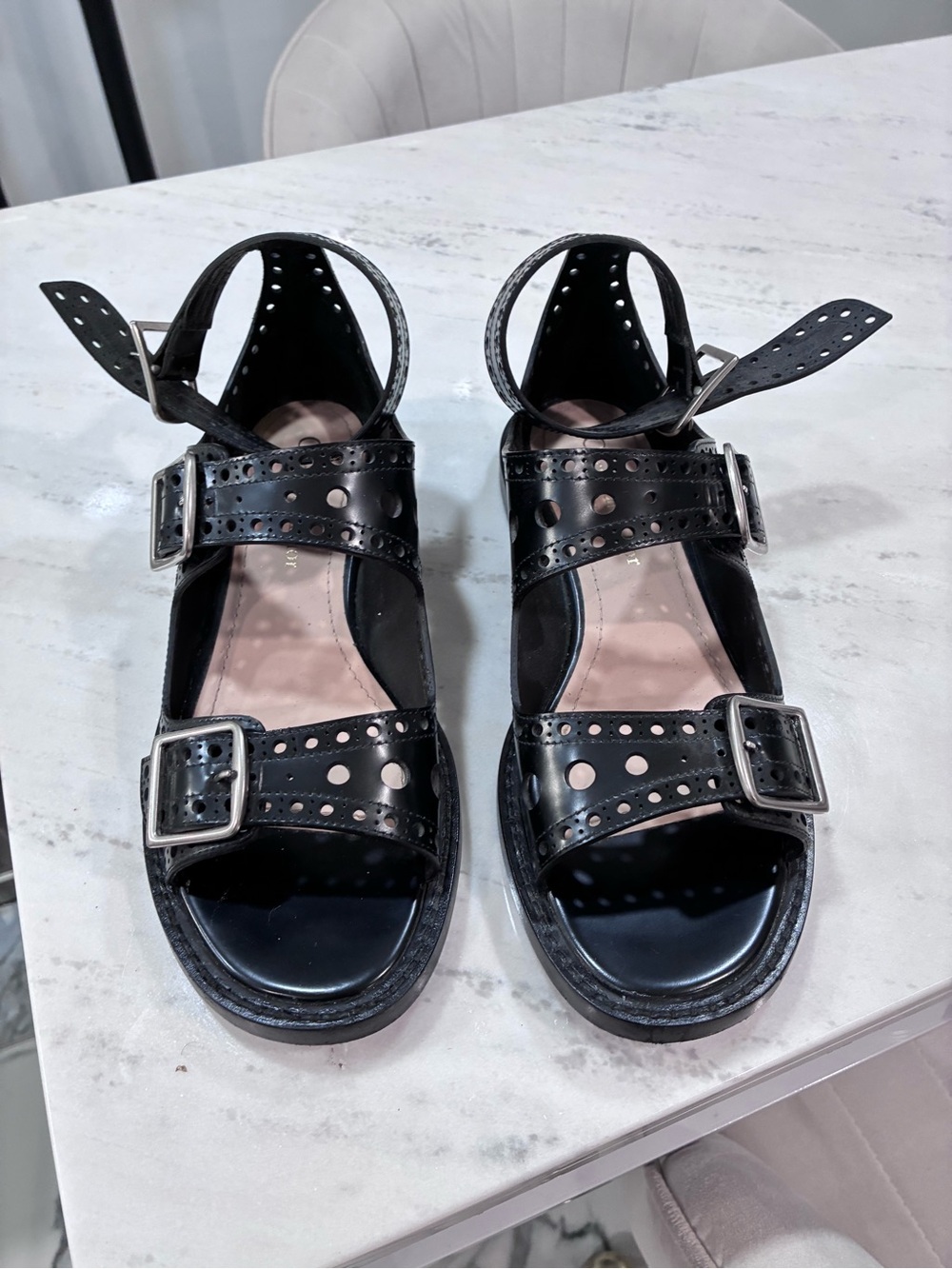 Dior Black Perforated Leather Buckle Sandals - Women